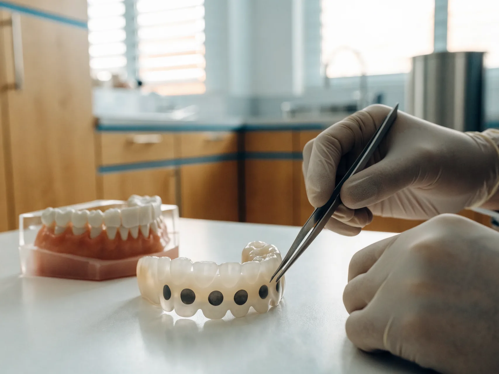 Monolithic zirconia full arch prosthesis on a laboratory bench, implant screw channels visible