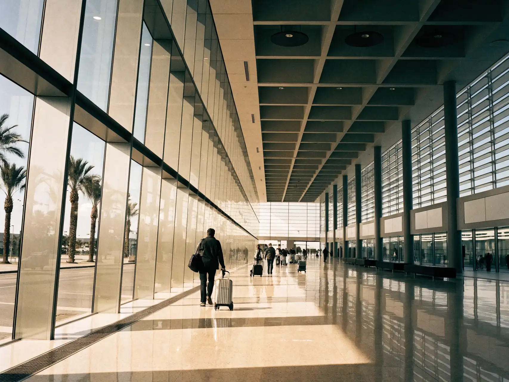 Bright arrivals hall at Antalya airport with travellers and palm trees beyond the glass