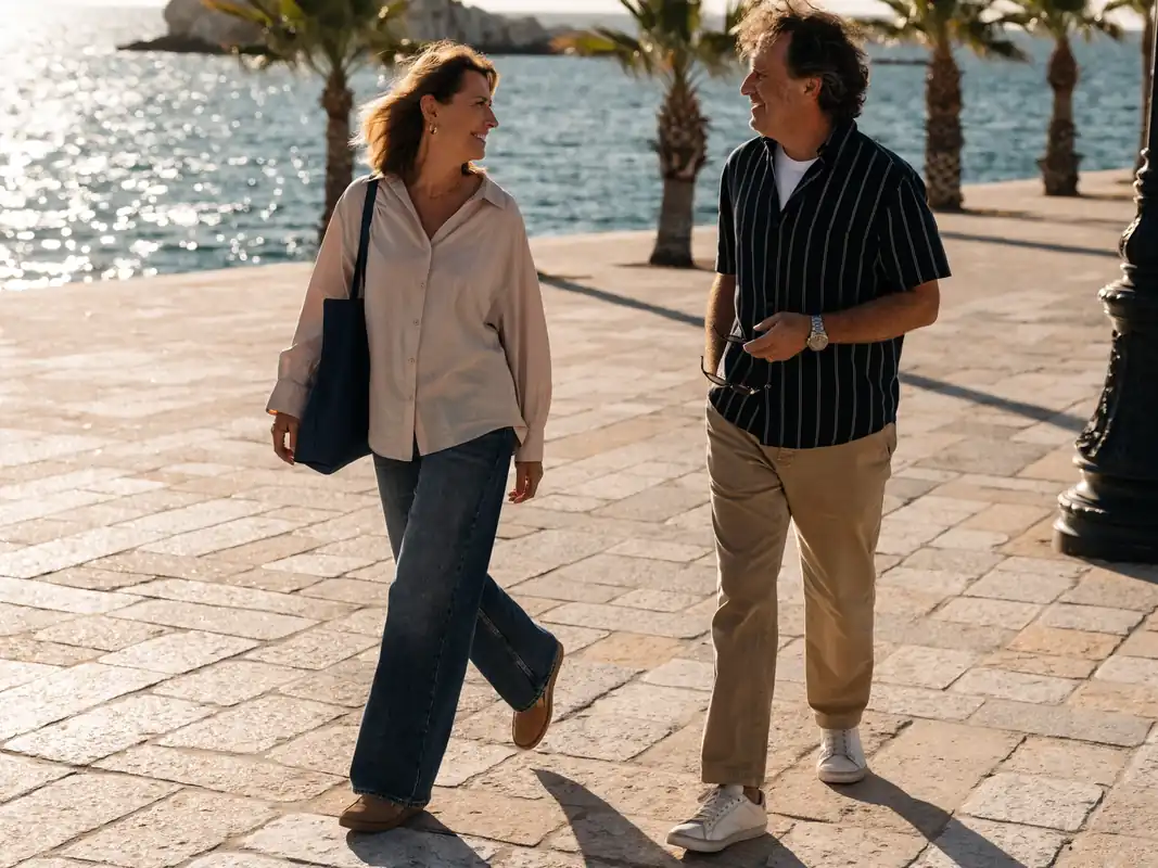 A couple walking along the Antalya seafront during a combined dental treatment and holiday trip