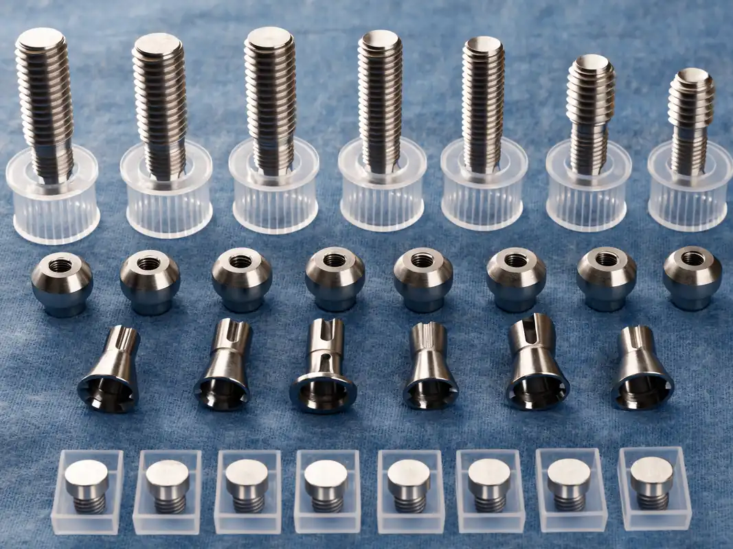 Sterile tray of titanium implant fixtures, healing caps and custom abutments arranged in rows