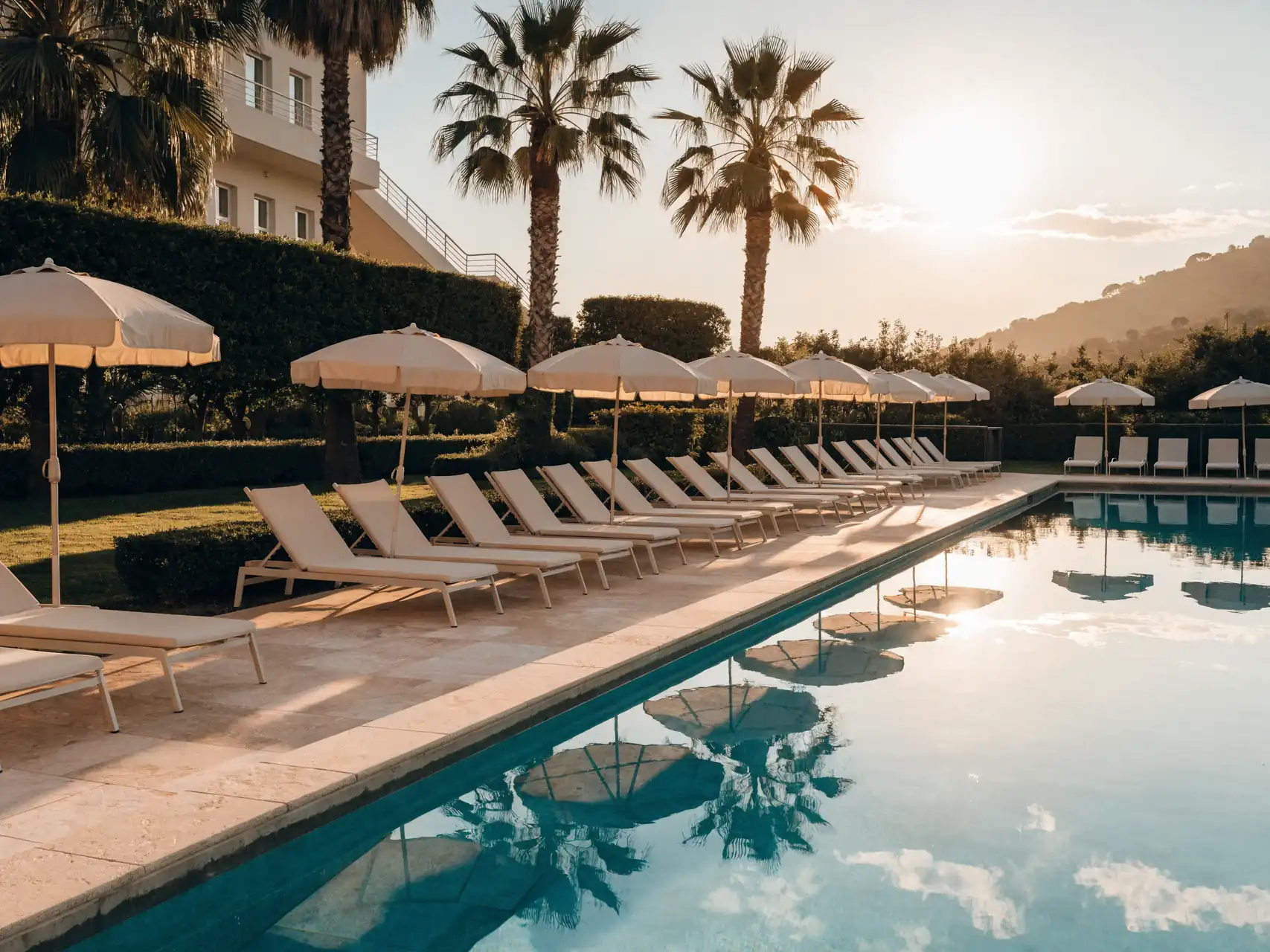 Quiet hotel pool terrace in Antalya in the early morning