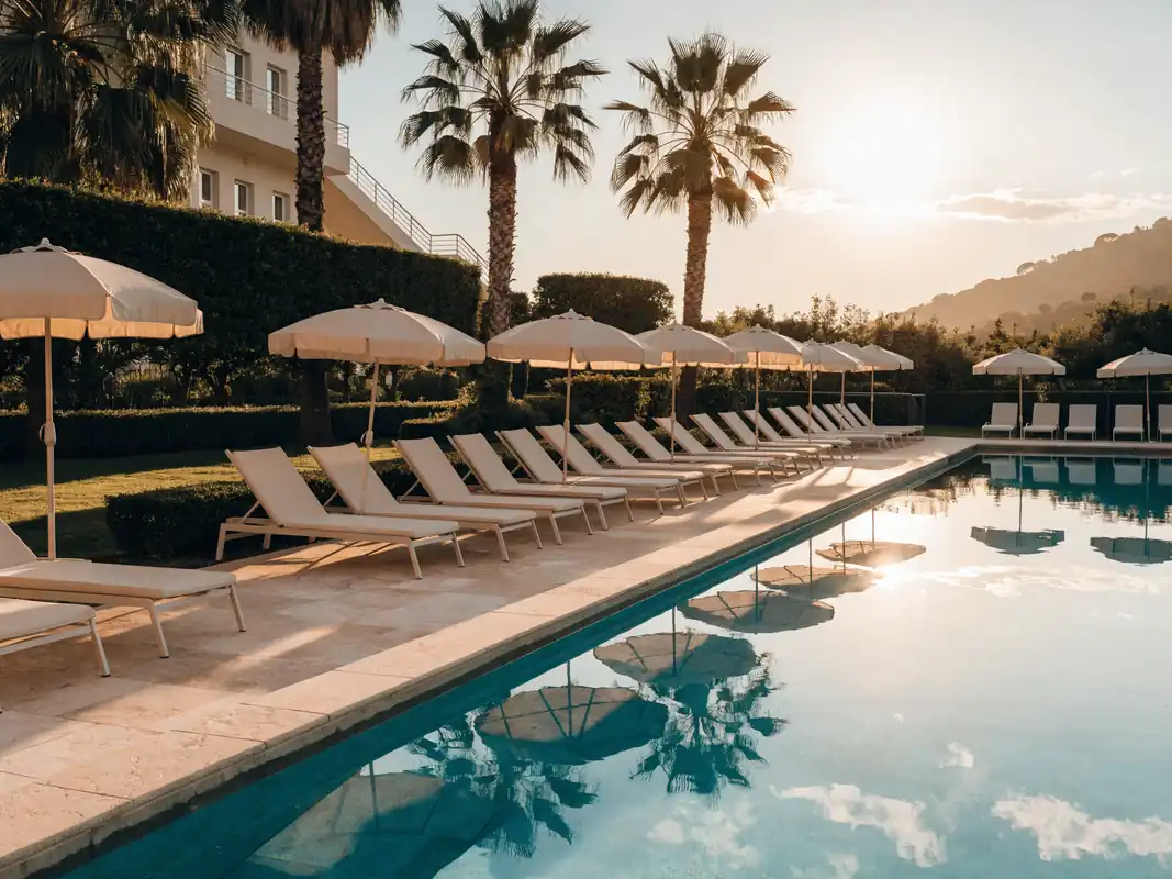 Quiet hotel pool terrace in Antalya in the early morning