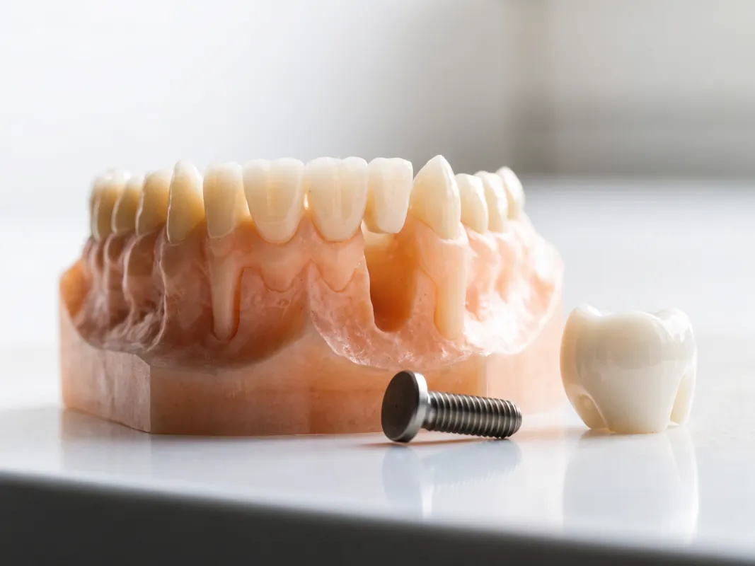Dental model with a single missing tooth shown beside the implant fixture and crown that would replace it
