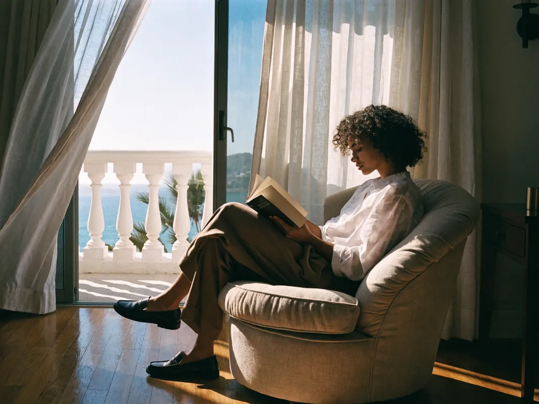 Patient resting by an open balcony in a Mediterranean hotel room between appointments