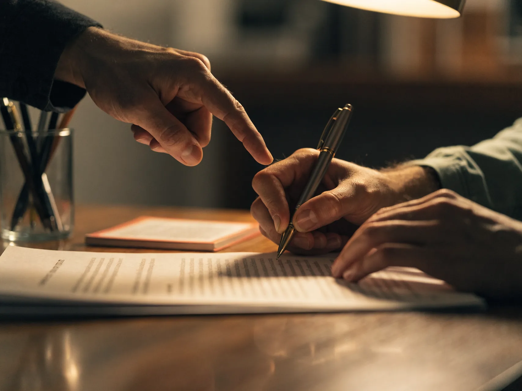 Patient signing a treatment agreement at the clinic desk with the clinician pointing out a clause