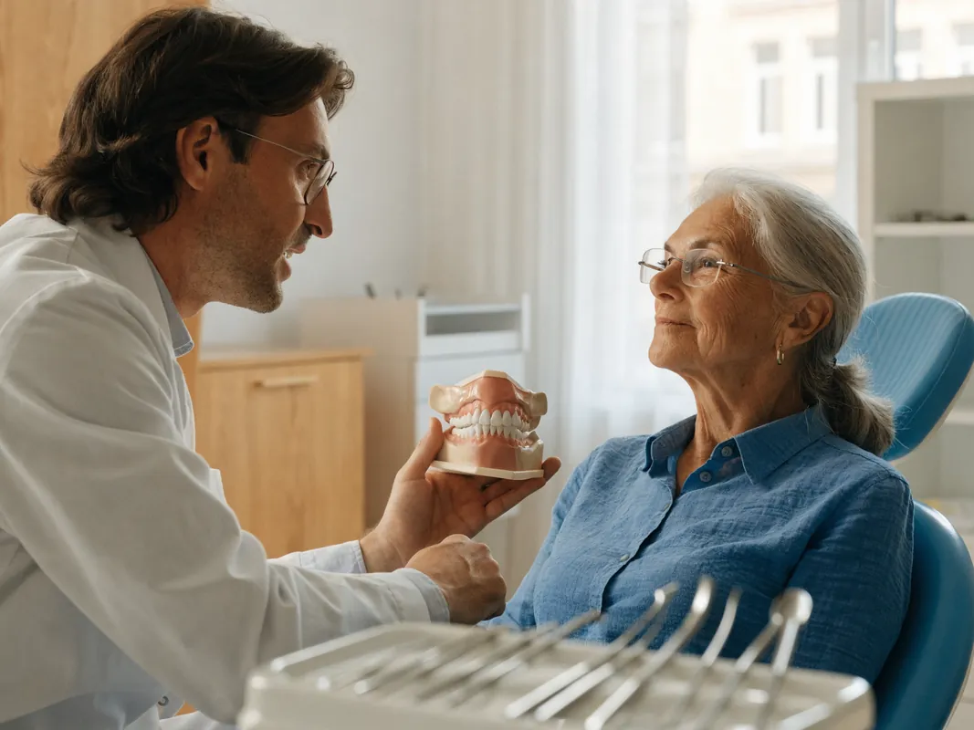 Dentist discussing implant options with an older patient using a jaw model
