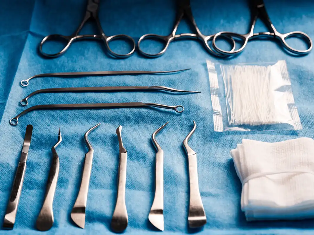 Oral surgery tray laid out in order of use before an extraction